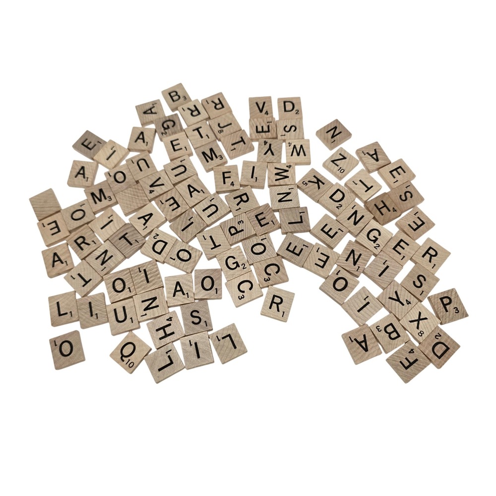 Wooden Scrabble Tiles Replacement Set with 4 Wood Racks for Crafts and Games